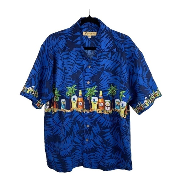 Vintage Maui Maui Hawaii Blue Beer Tropical Palm Short Sleeve Camp Shirt Men's M - Picture 1 of 8
